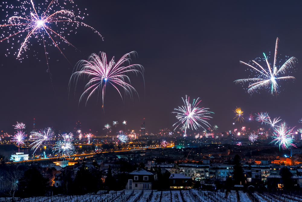 New Years Eve fireworks above Vienna skyline