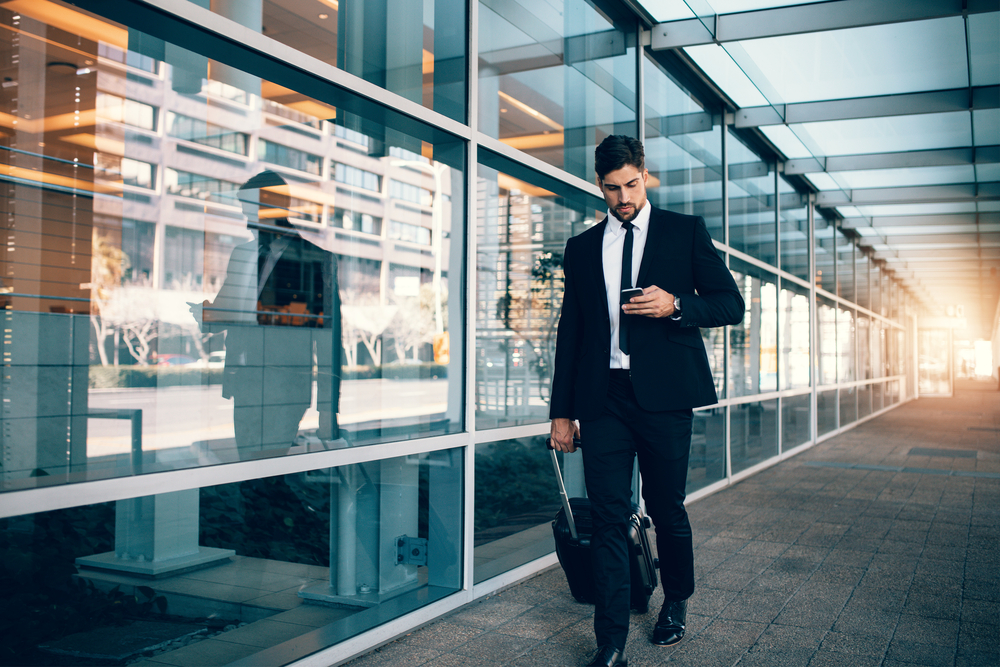 Businessman walking with luggage, Bratislava, Vienna